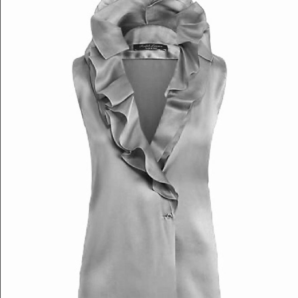 Ralph Lauren Spring ‘12 Collection Powder Blue Ruffle-Trim Silk Charmeuse Blouse - Picture 8 of 12